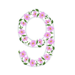 The white number 9 is decorated with an ornament of pink flowers. Computer illustration.