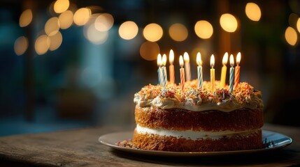 Birthday cake with candles shining bright in soft light setting during evening celebration