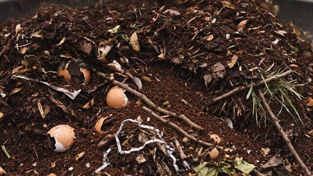 A close-up view of a compost pile featuring broken eggshells, twigs, and various organic materials, illustrating the natural decomposition process in a backyard setting