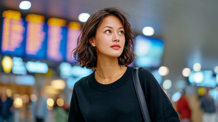 A young Asian woman in an airport terminal or large modern public space with large digital display boards showing text and numbers blurred in the background