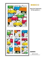 Fototapeta premium High traffic abstract visual puzzle with cars and trucks on the road: Spot the fragments of the picture 1. Answer included. 