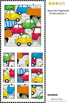 High traffic abstract visual puzzle with cars and trucks on the road: Spot the fragments of the picture 1. Answer included.

