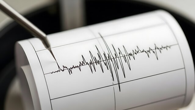 Seismograph recording paper with black ink lines showing earthquake activity on a white background