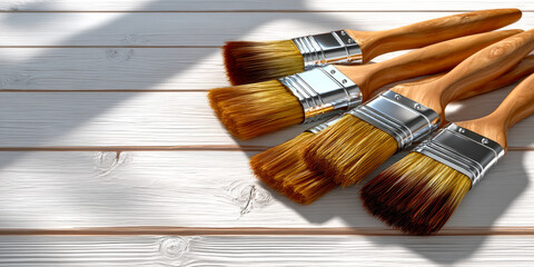 flat lay of clean paint brushes, arranged at a light wooden surface