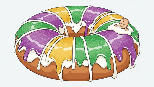 King cake with purple green and gold icing featuring a hidden baby traditional Mardi Gras dessert illustration