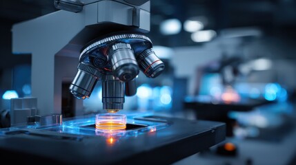 Digital microscope setup for research in dark medical laboratory with focus on specimen slide and lighting