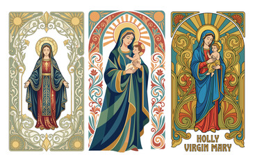 Fototapeta premium Holly Virgin Mary, Iconographic Trio: A set of exquisite depictions of the Holly Virgin Mary, each artfully rendered with vibrant colors and intricate details.