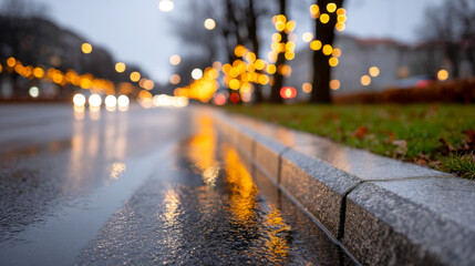 Low Angle Rainy City Street at Night Travel Concept