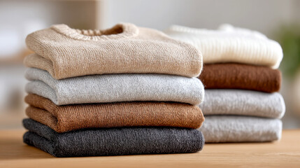 Stack of Folded Neutral Sweaters in Minimal Wardrobe
