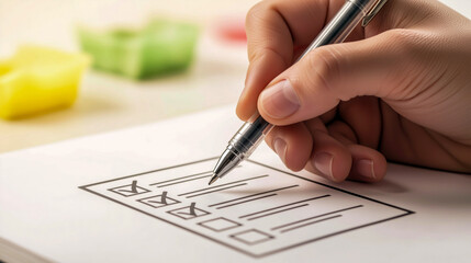 A hand holding a pen over a checklist, with some boxes checked. In the background are blurry yellow and green objects