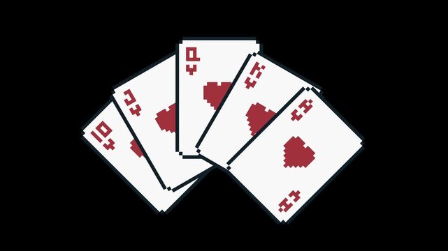 8-bit pixel art poker royal flush card deck. looped animation 4k 30fps