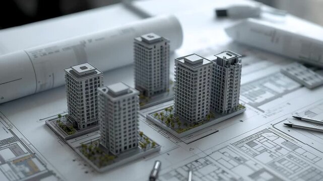 Architectural scale models of high rise buildings placed on detailed blueprint with drafting tools