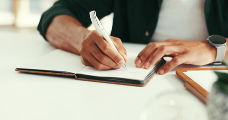 Man, hands and writing in office with notebook for journalism investigation, story development or plan. Person, taking notes and agenda in workplace with journal for creativity, news or article idea.