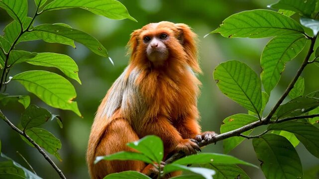 A golden monkey perched on a branch surrounded by lush green foliage