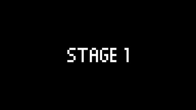 8-bit pixel art stage 1 text on black background. looped animation 4k 30fps