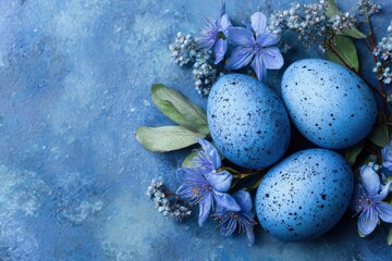 Obraz premium Bright blue Easter eggs surrounded by delicate flowers on a textured blue background, creating a festive and cheerful decoration for the holiday celebration