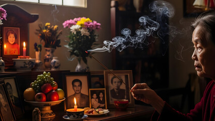 Elderly Woman Praying at Altar with Incense.