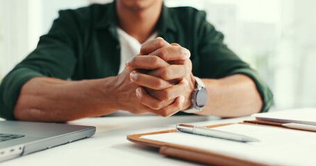 Nervous, hands and man in office with laptop, notebook and challenge for digital marketing campaign. Anxious, person and self soothing in workplace with computer, notes and online advertising stress.