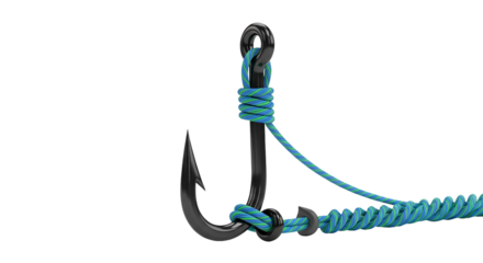 Black Fishing Hook with Blue Rope on Black Background