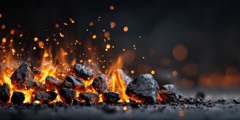 Hot burning coals with flying sparks, intense fire heat energy, industrial fuel texture, dramatic dark background, power and combustion concept, glowing embers macro detail, raw strength temperature