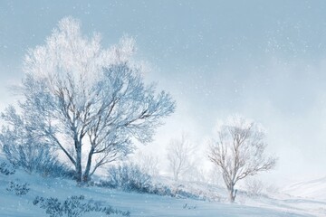Obraz premium Hand-drawn winter landscape featuring snow-covered trees under a soft blue sky with gentle snowfall in a tranquil outdoor setting