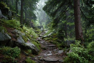 Fototapeta premium Exploring a winding trail in a misty forest surrounded by lush greenery and rocky terrain in the early morning light