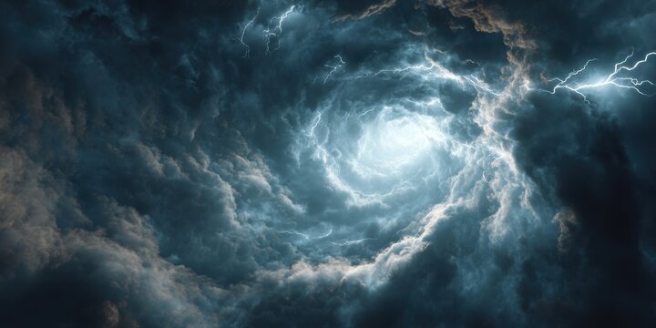 Dramatic swirling storm cloud vortex with lightning bolts in dark sky, powerful thunderstorm energy weather background with surreal glowing spiral light in atmosphere, fantasy nature scene