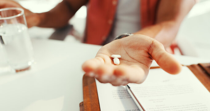 Hands, business and person with medication tablet for prescription, magnesium and drugs dosage. Employee, pills and water for pain relief, supplements and pharmaceutical for adhd treatment for health