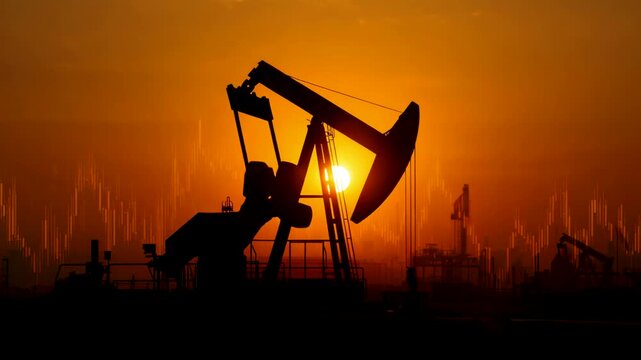 Oil pumpjack silhouette operating in open field during orange sunset with clear sky