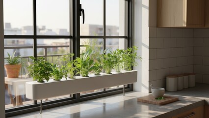 Indoor Herb Garden Growing in Window Planter Box with Natural Light in Modern Kitchen