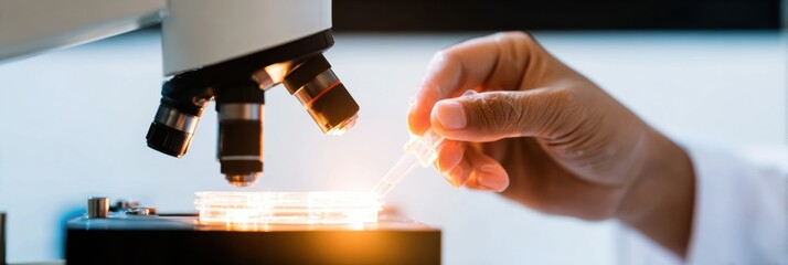 Healthcare researcher hand using pipette and microplate for disease diagnostic testing in a clinical laboratory under a microscope for pharmaceutical development