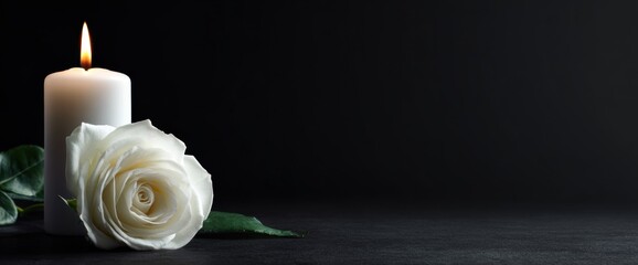 White rose flower with burning candle on black background symbolizing mourning grief loss condolence sympathy remembrance memorial funeral death sorrow tribute sadness spiritual purity peace