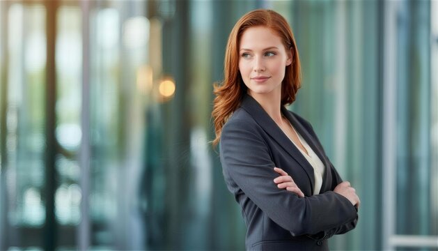 Redheaded white woman looking back in modern office