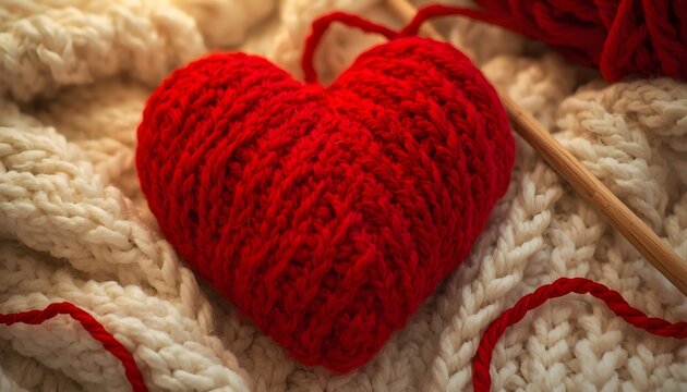 Handmade red knitted wool heart with yarn and needle