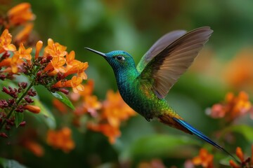 Obraz premium Hummingbird Longtailed Sylph Aglaiocercus kingi feeding on vibrant orange flowers in a lush garden during daylight hours