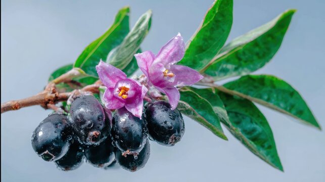 Botanical Belladonna Flowers and Black Berries on Branch for Apothecary Branding and Herbal Supplement Advertising with Green Foliage on Plain Background