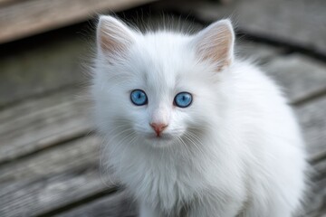 Obraz premium Fluffy white kitten with bright blue eyes exploring a wooden deck on a sunny day, radiating cuteness and curiosity