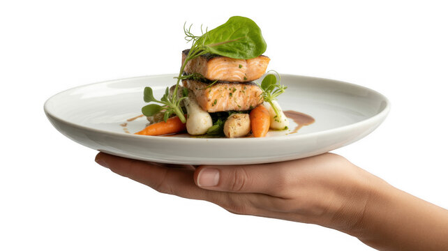 Hand holding plate with grilled salmon and vegetables isolated on a transparent background