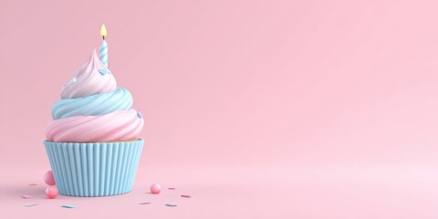 Pink blue swirl frosting cupcake with birthday candle pastel background cute festive celebration party dessert sweet icing baked goods adorable minimal design girly confection holiday treat