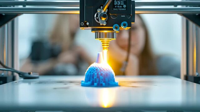Desktop 3D printer nozzle melting blue plastic filament while printing small object on flat build plate