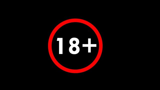 18+ not allowed logo animation, 18 plus icon sign animation on black background.