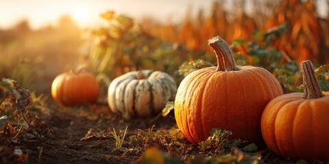 Autumn harvest field with orange white pumpkins glowing in warm golden sunset light, fall season vegetable farm agriculture thanksgiving celebration natural organic food countryside rural scene