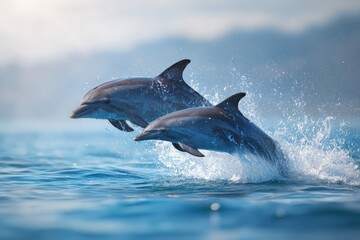 Fototapeta premium Dolphins leap gracefully above the shimmering blue ocean waters under a bright sky, showcasing their playful nature and agility during a sunny afternoon