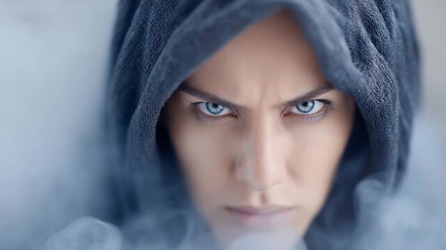 Intensity Within: An intense gaze, framed by a hooded cloak, speaks volumes of focus and determination. A study in contrasts: calm surface, burning focus