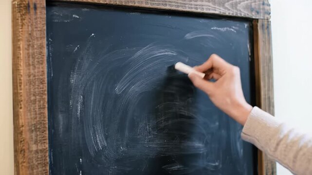 Cinematic close-up of a human hand in a long-sleeved shirt holding chalk/eraser near a dark vintage chalkboard framed by rustic wood, soft light, bokeh background, dolly zoom. Concept of ideation and