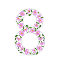 The white number 8 is decorated with an ornament of pink flowers. Computer illustration.