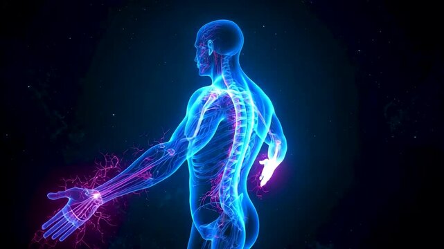 Blue transparent human body with visible spine and glowing nerves extending through arm on dark background
