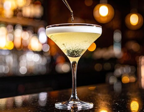 Bebida clara con aceituna en copa martini con fondo de bar desenfocado.
