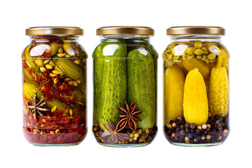 Pickled Cucumbers and Spices in Jars, Food Preservation and Seasoning, isolated on transparent background