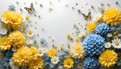 Amazing floral background with yellow and blue hydrangeas daisies and butterflies